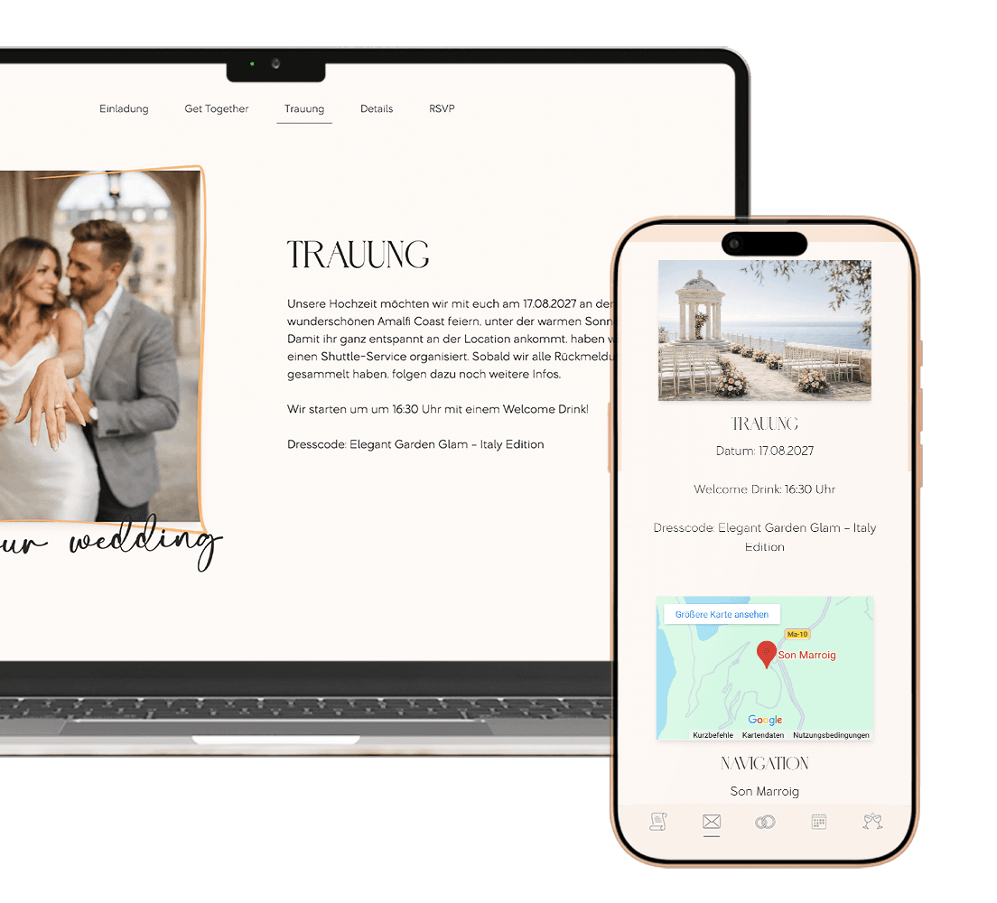Hochzeitswebseite auf Laptop und Smartphone