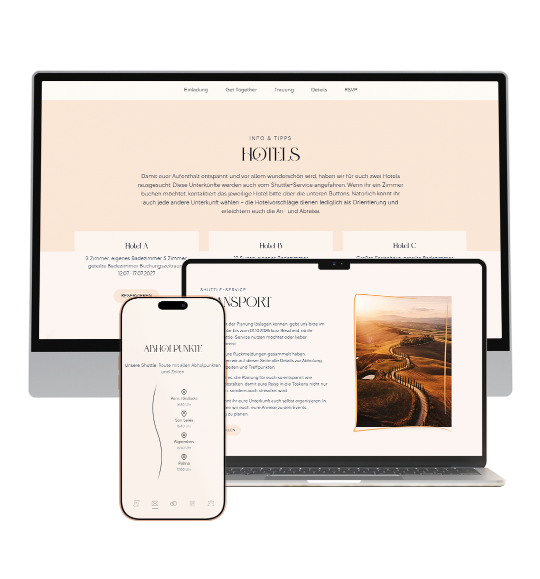 Hochzeitswebseiten Shuttle & Hotels mobil
